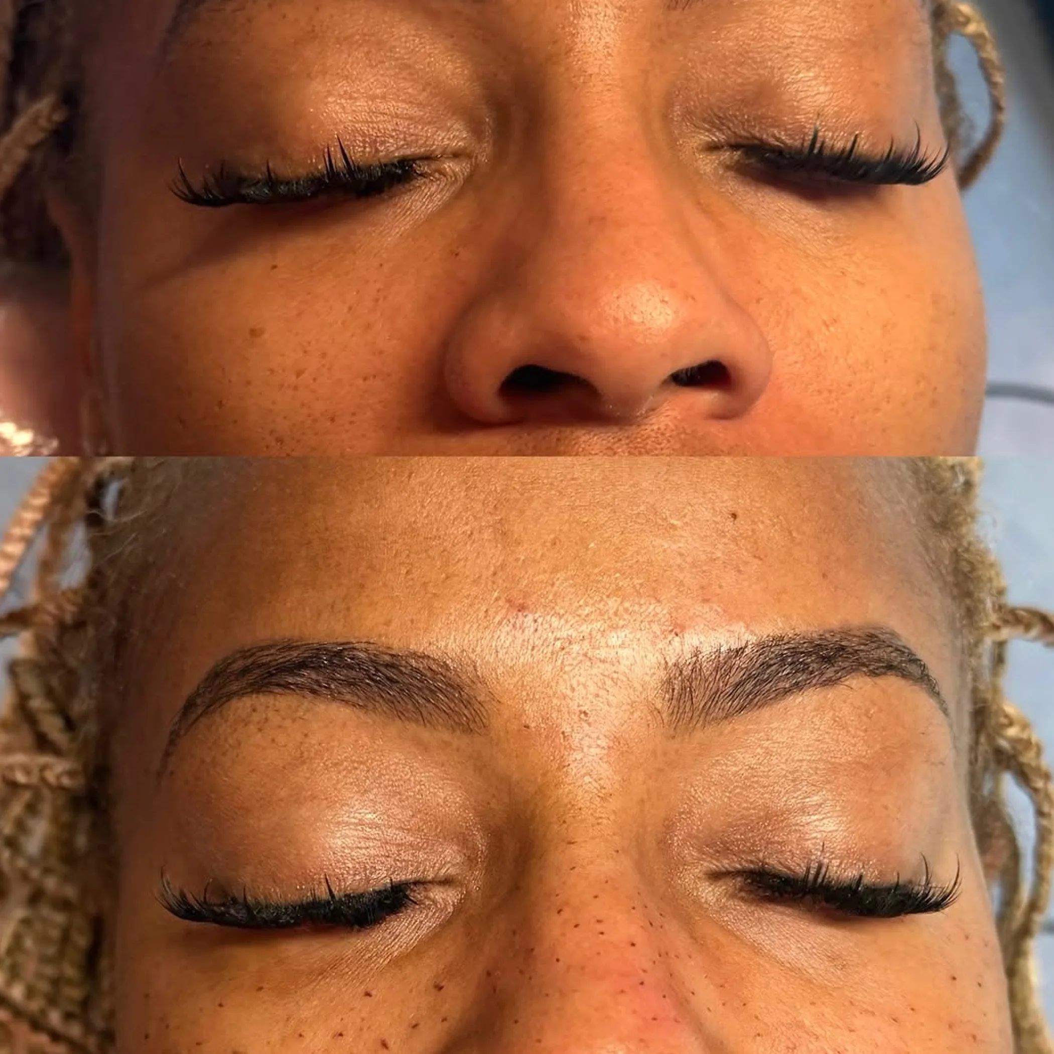 close-up of healed eyebrow tattoo results