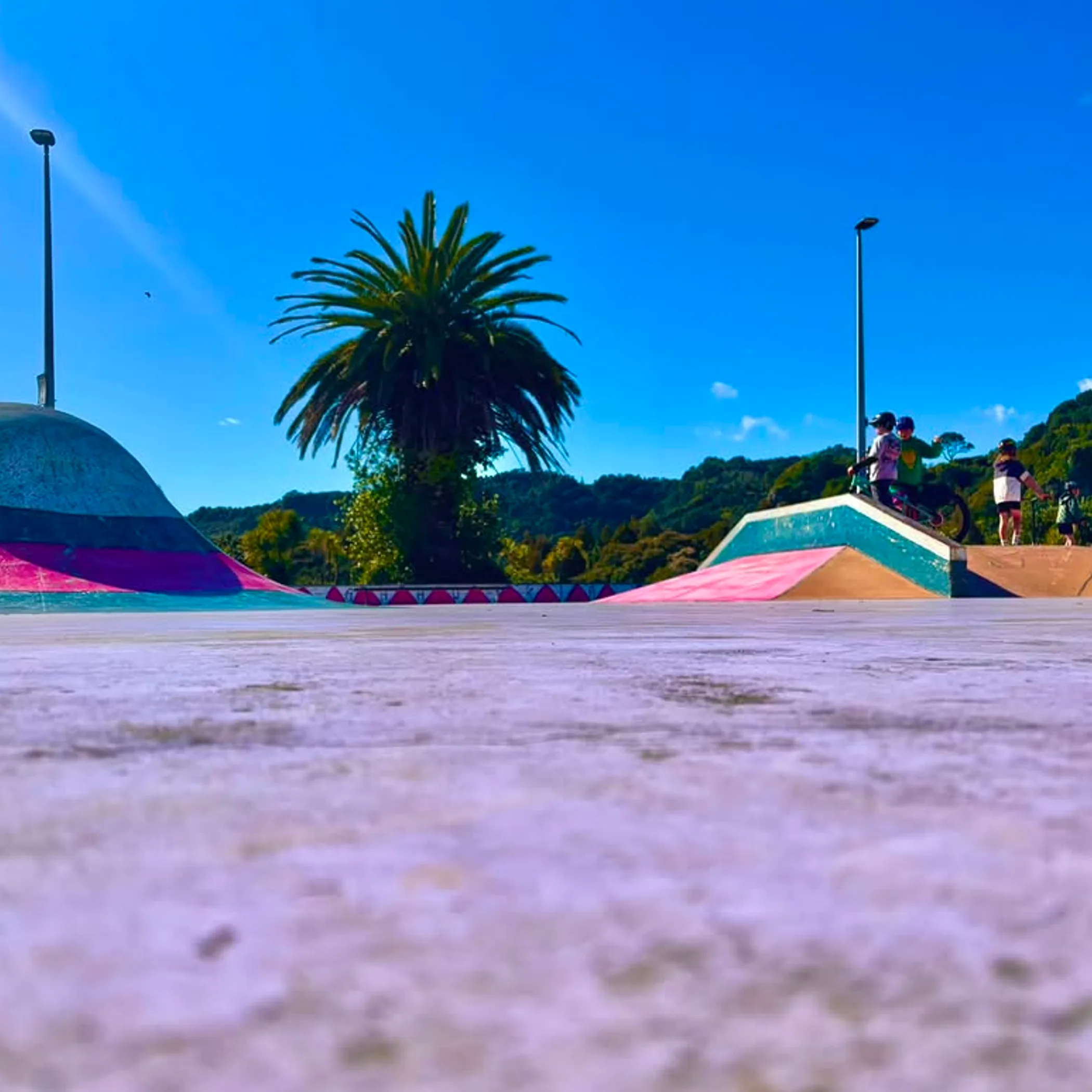 well-lit skatepark with riders