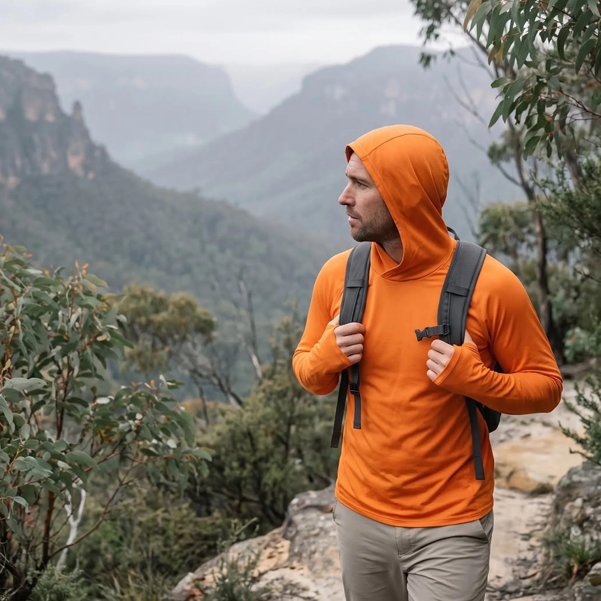 hiking gear on misty terrain
