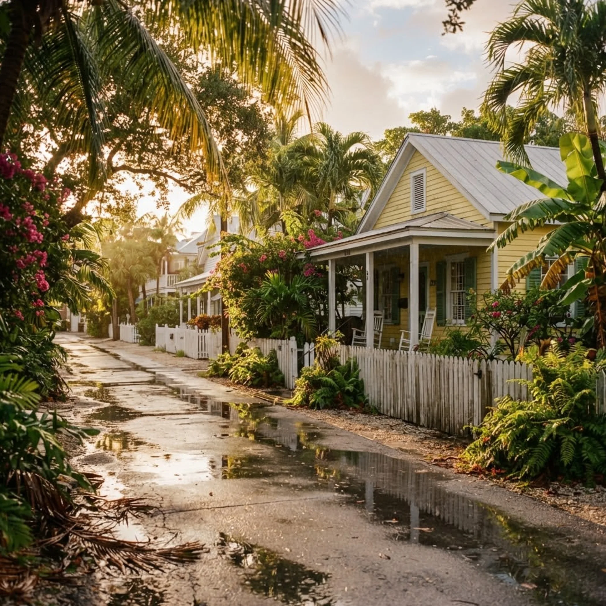 wet residential street with tropical vegetation